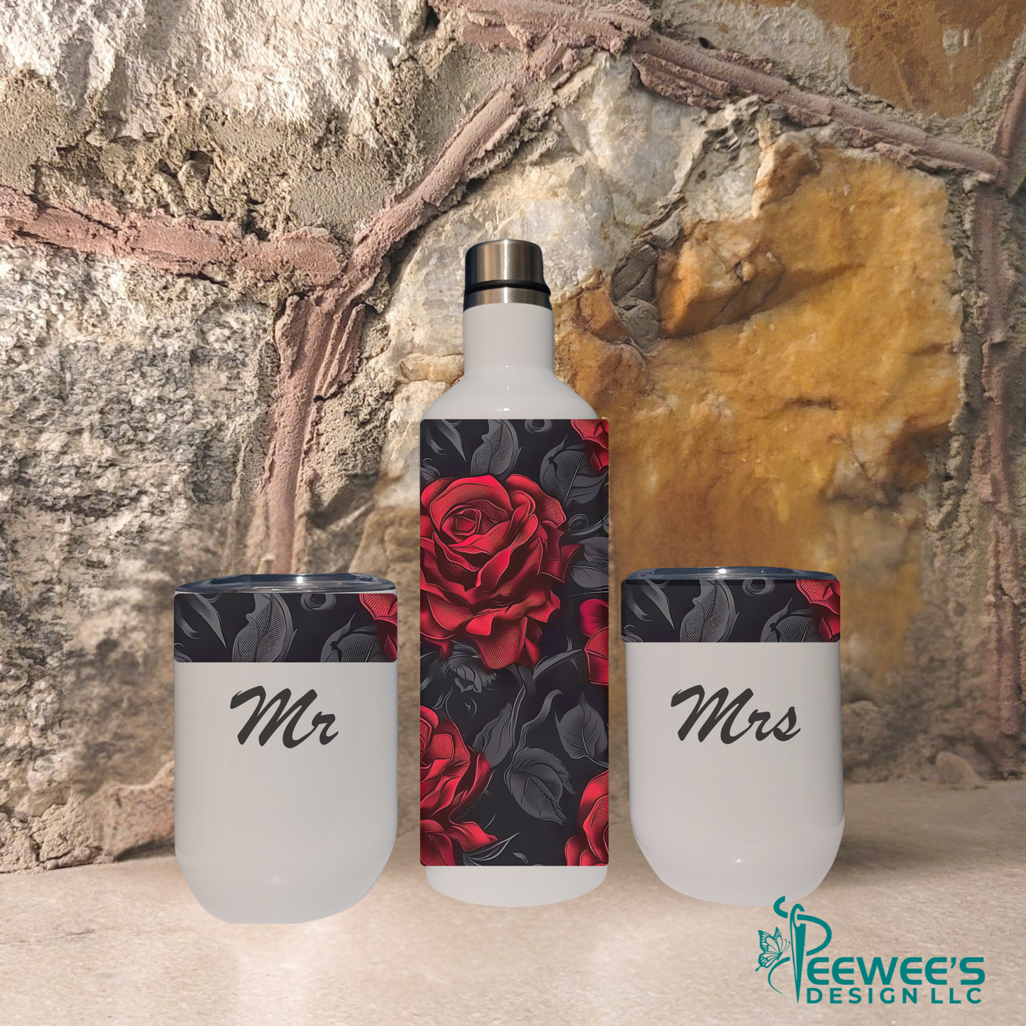Bottle and Wine Cup Set- Black and Red Roses Design