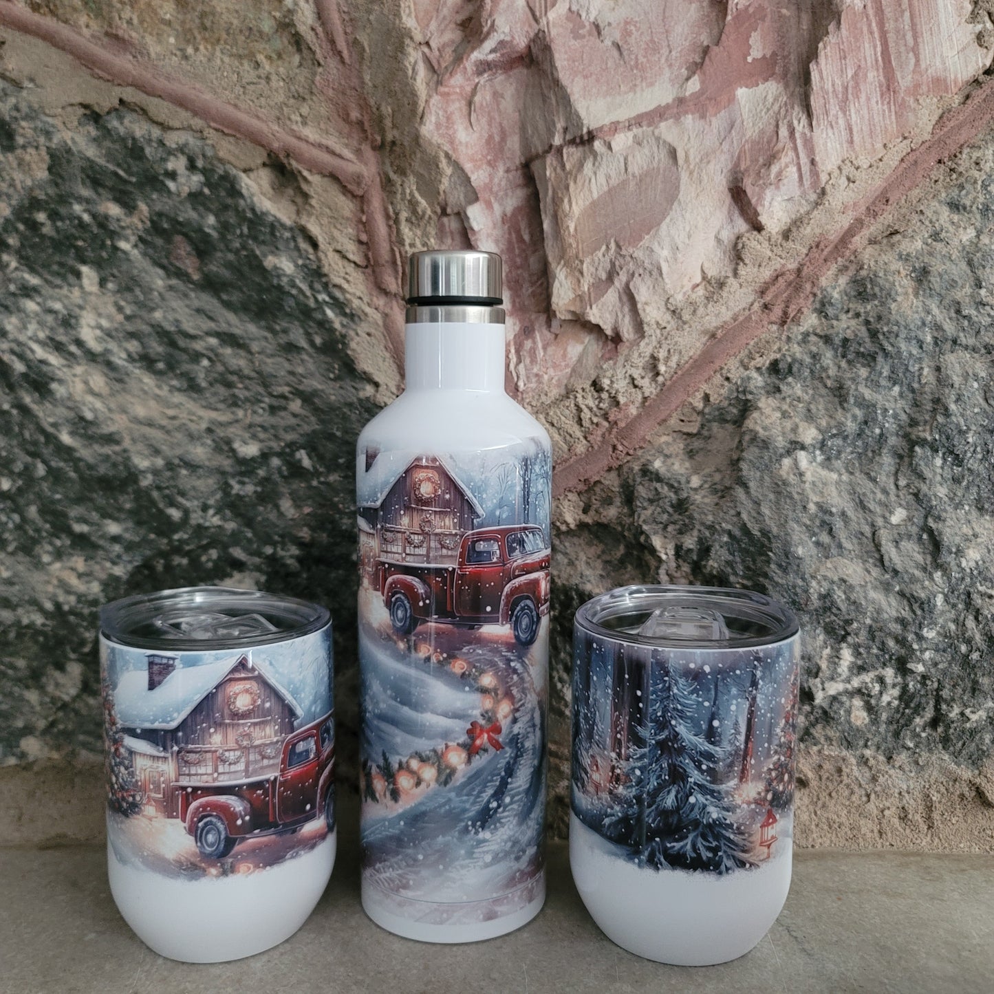 Bottle and Wine Cup Set-Winter Red Truck Design